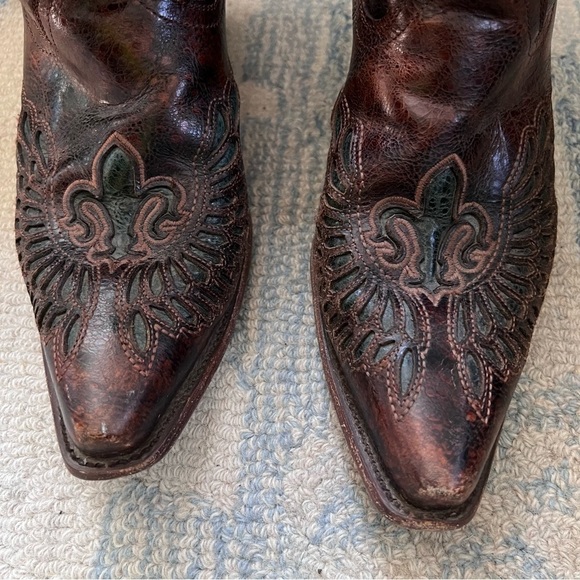 CORRAL Chestnut Turquoise Wing Fleur de Lis Snip Toe Cowgirl Boots Size 9.5 - Picture 6 of 13